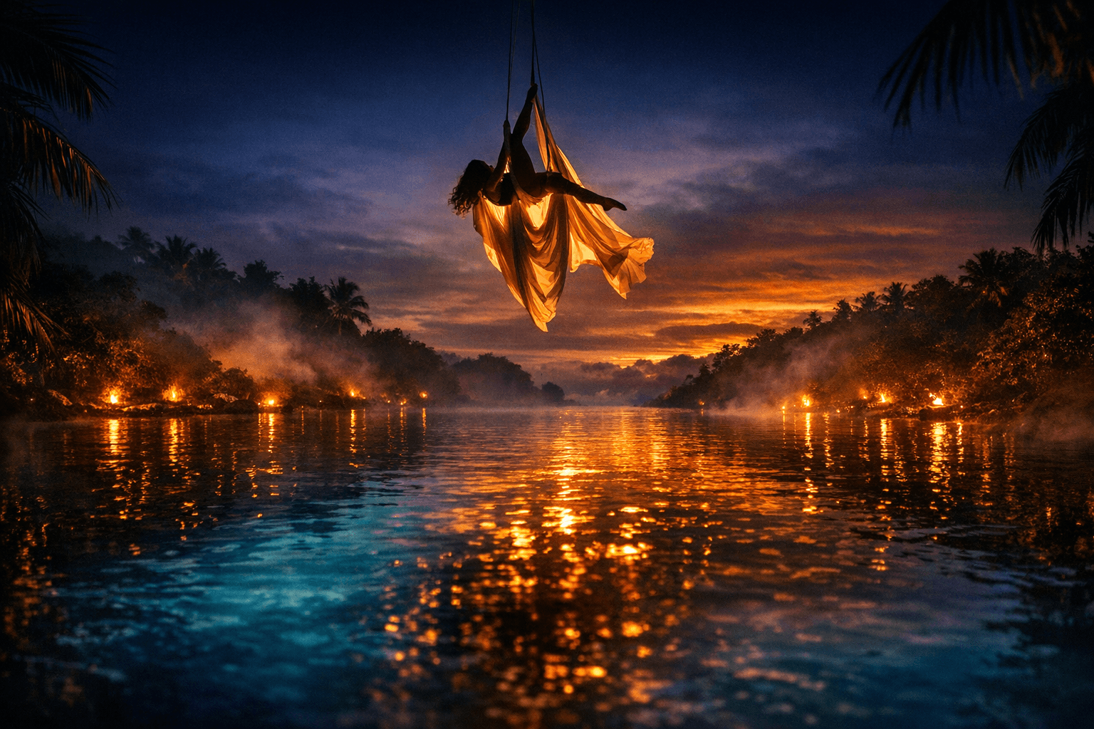 Aerial silhouette suspended above a glowing turquoise lagoon at twilight, draped in flowing silk, with firelight reflections on water — cinematic luxury hero image for Tribe Unite Productions.