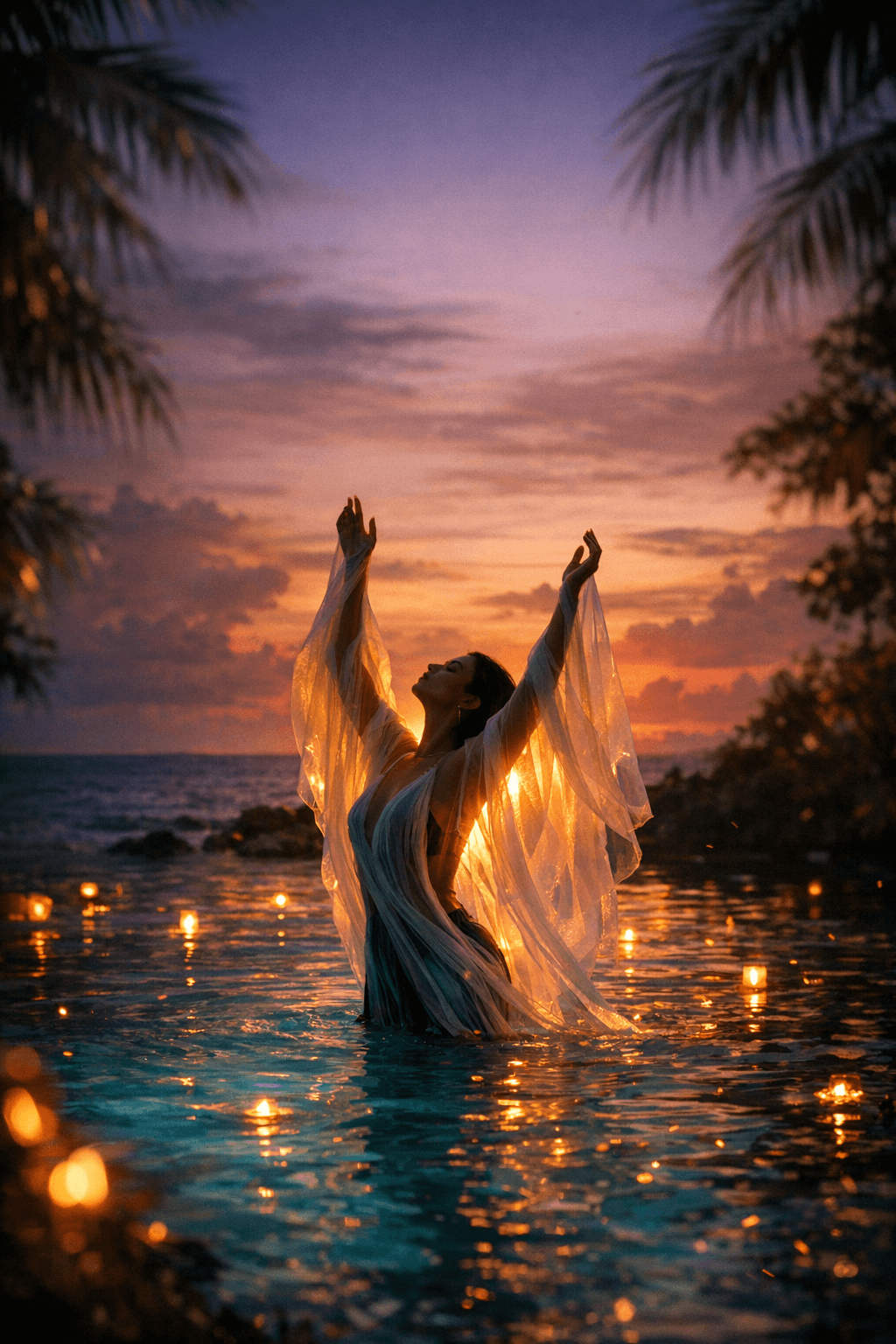 Elegant performer standing in a glowing turquoise lagoon at golden hour, arms raised, draped in flowing translucent fabric — cinematic brand image for Tribe Unite Productions.