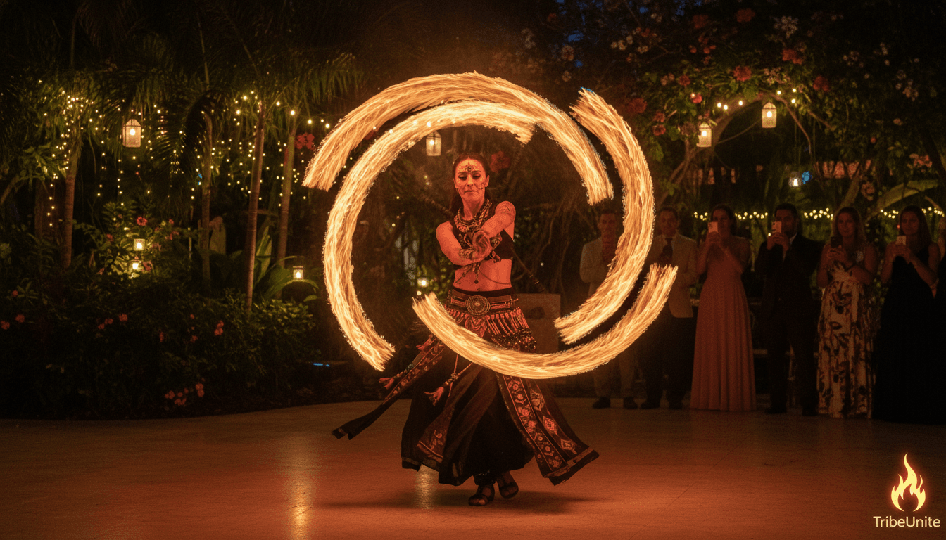 Fire performer skillfully twirling poi with vibrant flames at a private event, creating a mesmerizing spectacle.