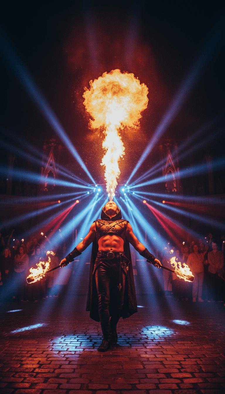 Fire breather performing at night
