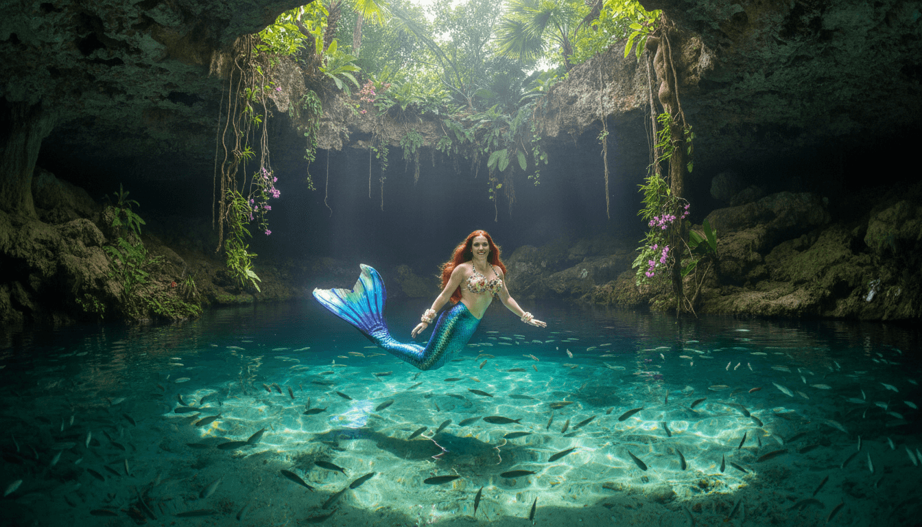 Mermaid performer swimming in a cenote with crystal clear turquoise water and natural rock formations