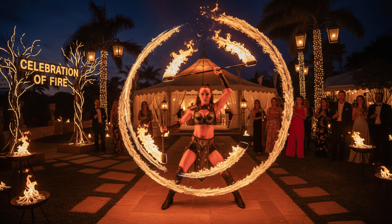 Fire performer with dramatic flames during nighttime luxury event