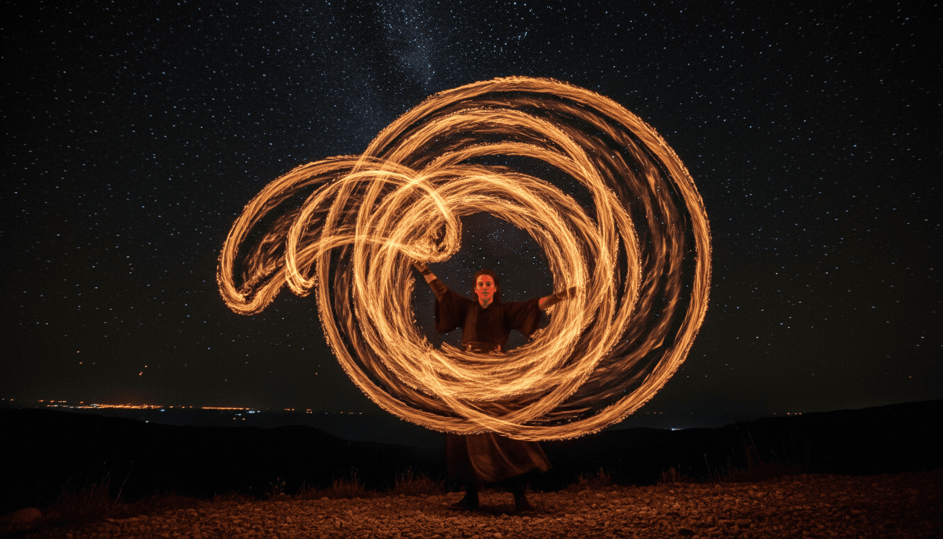 Fire performer creating dramatic flames and elemental visual magic against dark evening backdrop