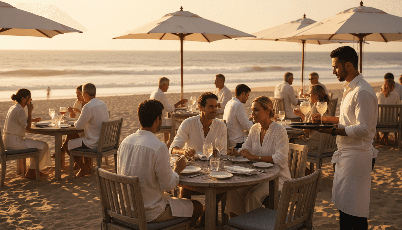 Beachfront event with performers and attendees enjoying sunset gathering