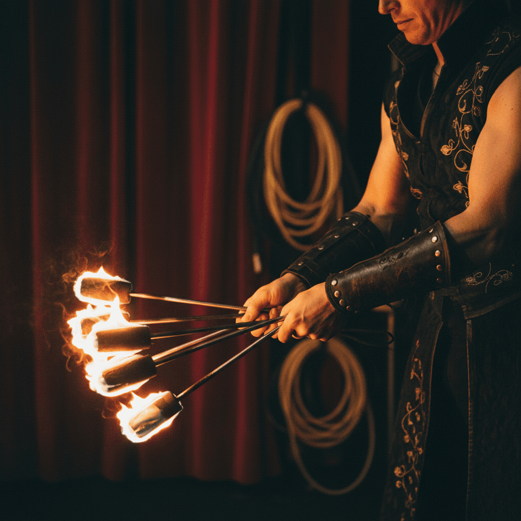 Fire staff spinner performing with flames at evening event
