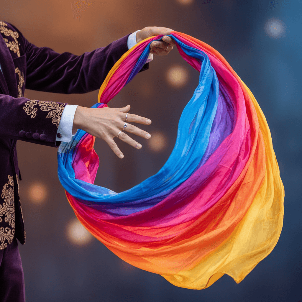 Colorful aerial silks wrapped around performer during acrobatic performance